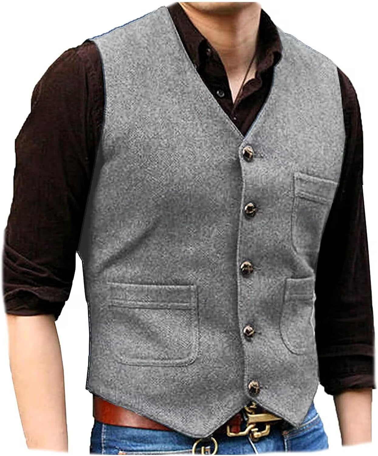 SOLOVEDRESS Mens Vintage Tweed Suit Vest V Neck Casual Wool Waistcoat for Wedding Groomsmen