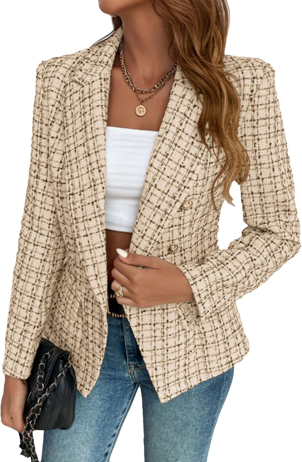 Mina Self 2026 Women’s Tweed Plaid Blazer Jacket - Double Breasted Fully Lined Work Casual Outfits with Pockets