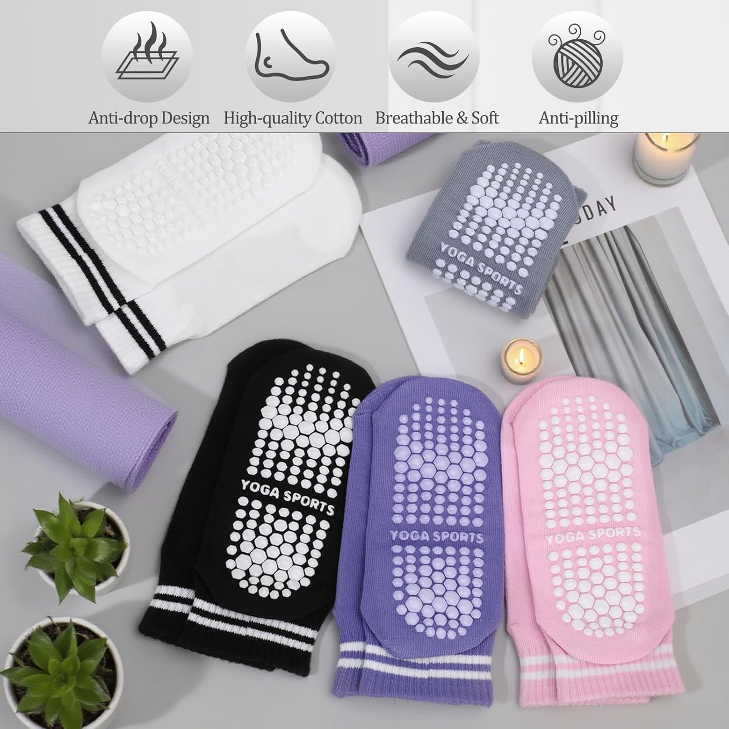 Jspupifip 6 Pairs Pilates Socks with Grip for Women, Striped Ankle Non Slip Yoga Socks for Barre Ballet Dance Hospital - Image 5