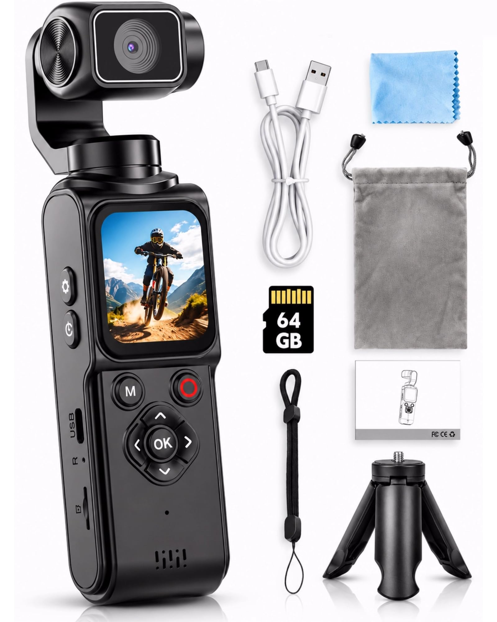 Fotocamera 4K Vlogging con obiettivo rotante a 330° e tracciamento del viso, fotocamera tascabile da 65 MP con WiFi, stabilizzazione a 6 assi, touch screen, scheda TF da 64 GB e treppiede, videocamera
