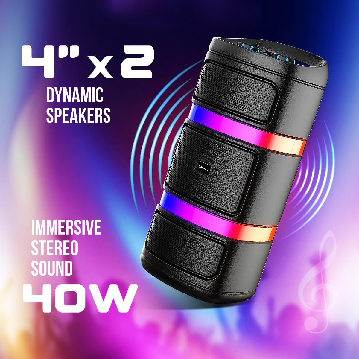 pTron Newly Launched Fusion Quad 40W Karaoke Bluetooth Party Speaker, Immersive Sound, RGB Lights, 3mtr Karaoke Mic, Mic Volume Control, 5 Equaliser, BT/USB/SD Card Playback & Type-C Charging (Black) 2 71HUDbR+mQL. SL1200