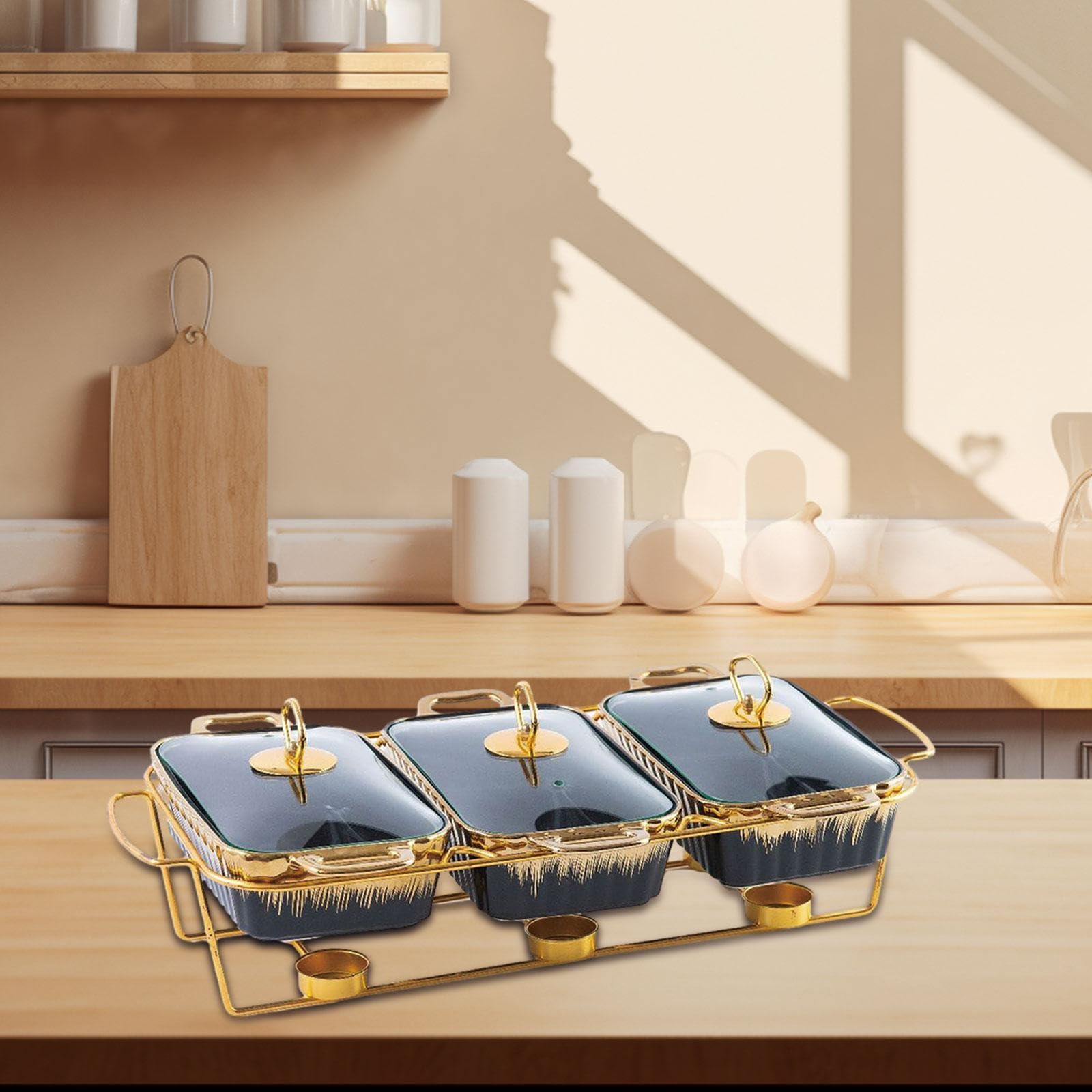 Calentador de Alimentos Rectangular para Buffet, Fuente de Cerámica para Buffet, Juego de Calentador para Y Bodas, Rayado Negro, Individual