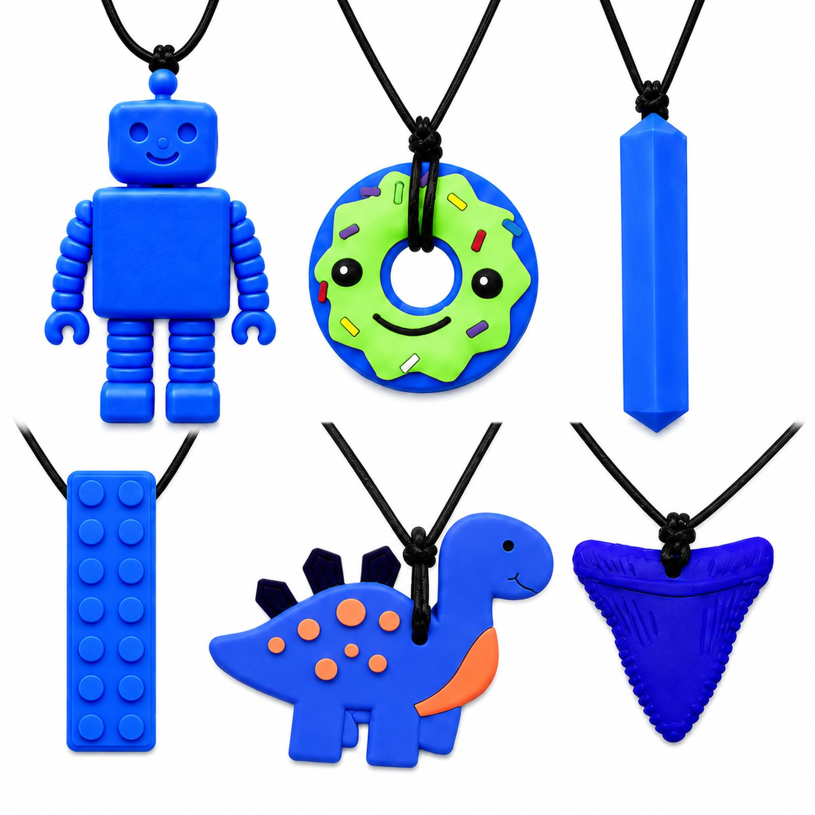 6PCS Sensory Chew Necklace for Kids, Chew Toys for Autistic Children, Food Grade Silicone Chew Pendant Teether, Adjustable Breakaway Clasp, Oral Motor Chewy Toy for Autism ADHD(Blue)