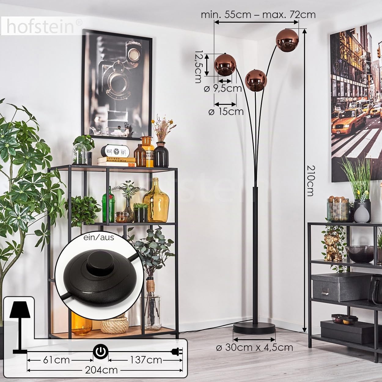 Stehleuchte Koyoto, Stehlampe aus Metall/Glas in Schwarz/Kupferfarben, Leuchte im modernen Retro/Vintage-Design mit Schirmen aus Glas (Ø 15 cm) u. Fußschalter, Höhe 210 cm, 3 x E14, ohne Leuchtmittel