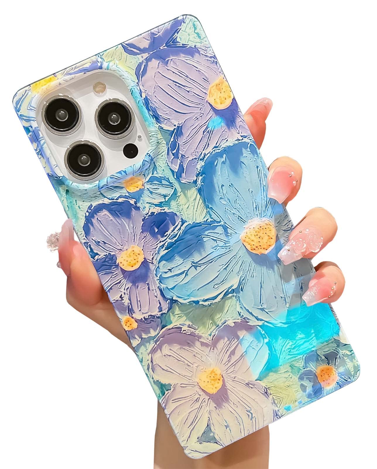 KERZZIL Cute Blu-ray Flower Compatible with iPhone 14 Pro Max Case Rectangle Edge,Lovely Camellia Floral Anti-Drop Protective Durable Soft TPU Cases