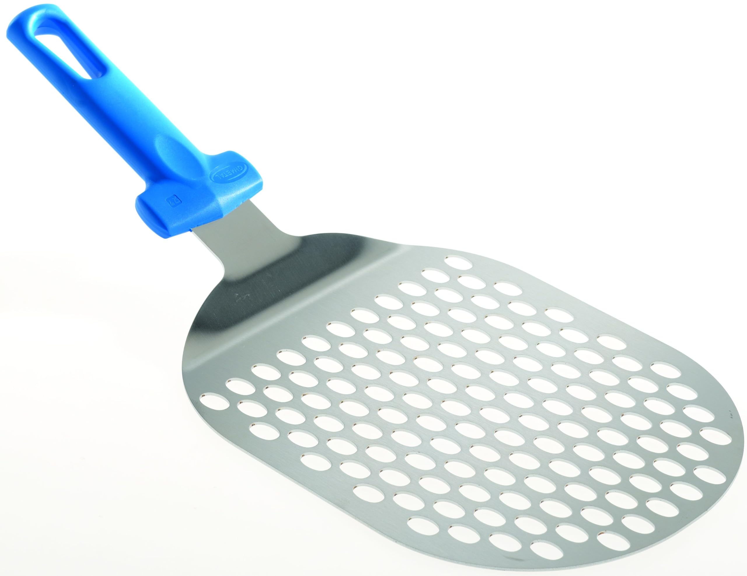 Gi.Metal Paletta ovale per Pizza, Pala per Pizza, in Acciaio Inox, Forata (17,5x21 cm) - Manico in Polimero resistente alle alte Temperature, Antiurto e Antigraffio