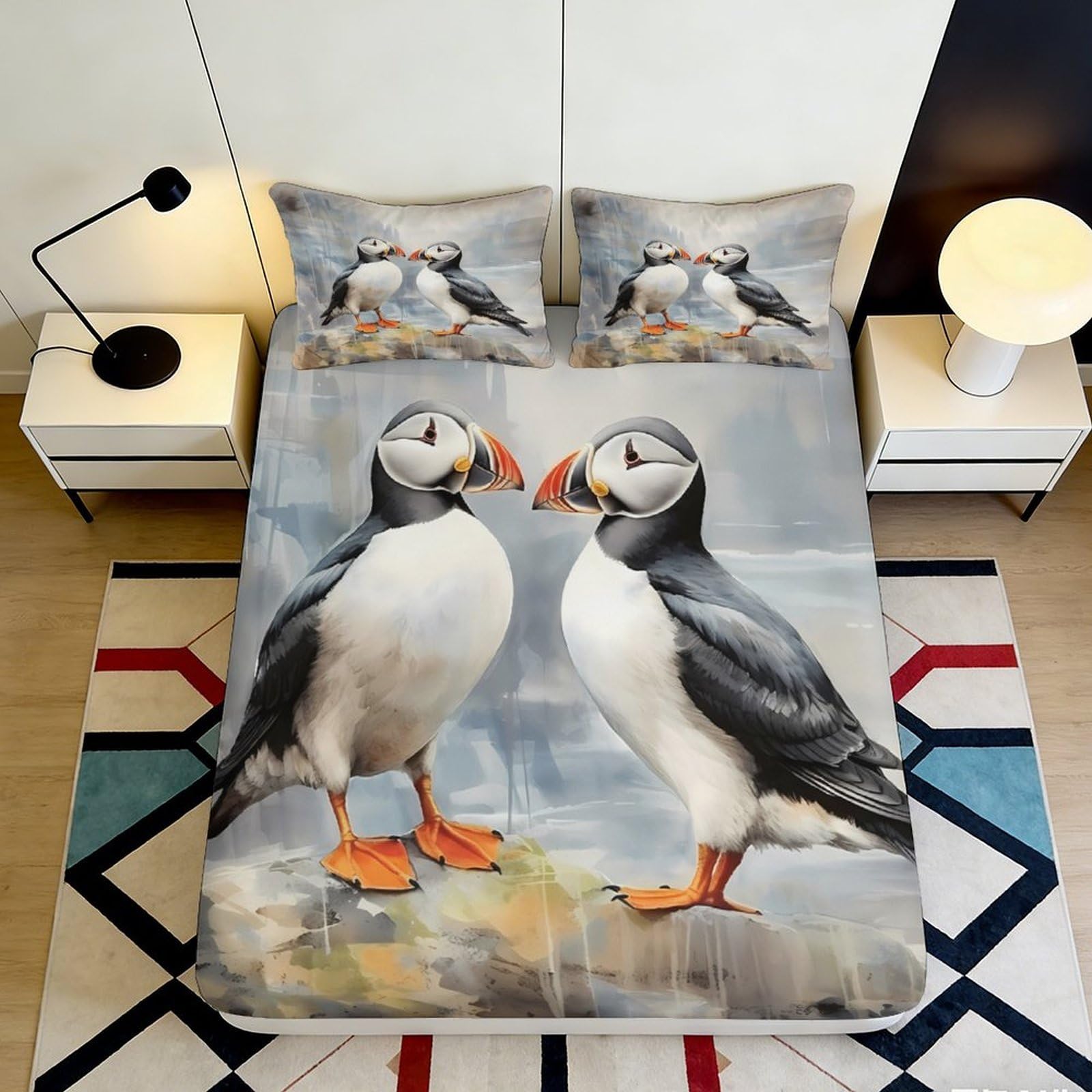 3D Printed Puffin Lovers Fitted Sheet Microfiber Soft Bedroom Decor Seaside Bird Mattress Cover for All Ages 90x200x25cm