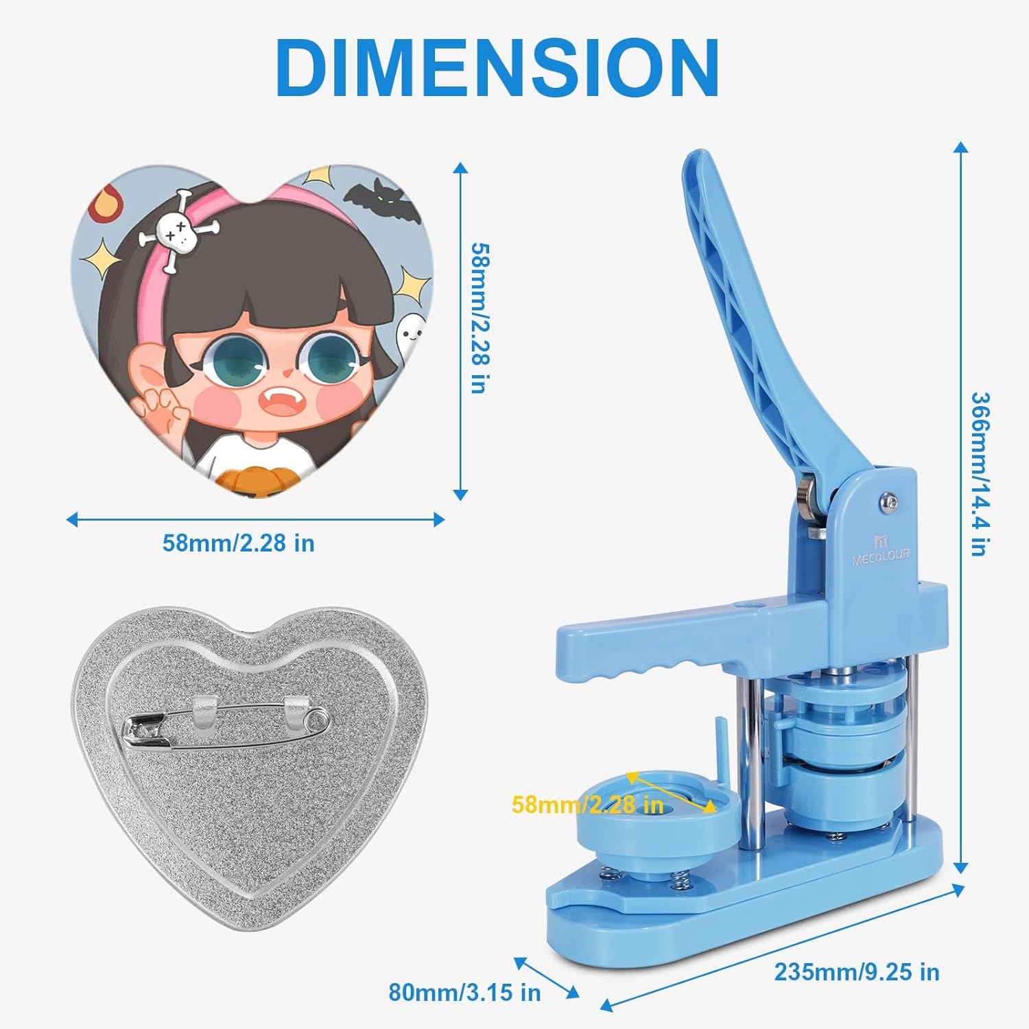 MECOLOUR Heart-Shaped Button Maker Machine,Heart Pin Button Maker Kit with 50 Sets of Button Supplies&50 Sets of Fridge Magnet Maker Supplies,58mm,DIY Personalized Pinback Buttons Children Gift(Blue)