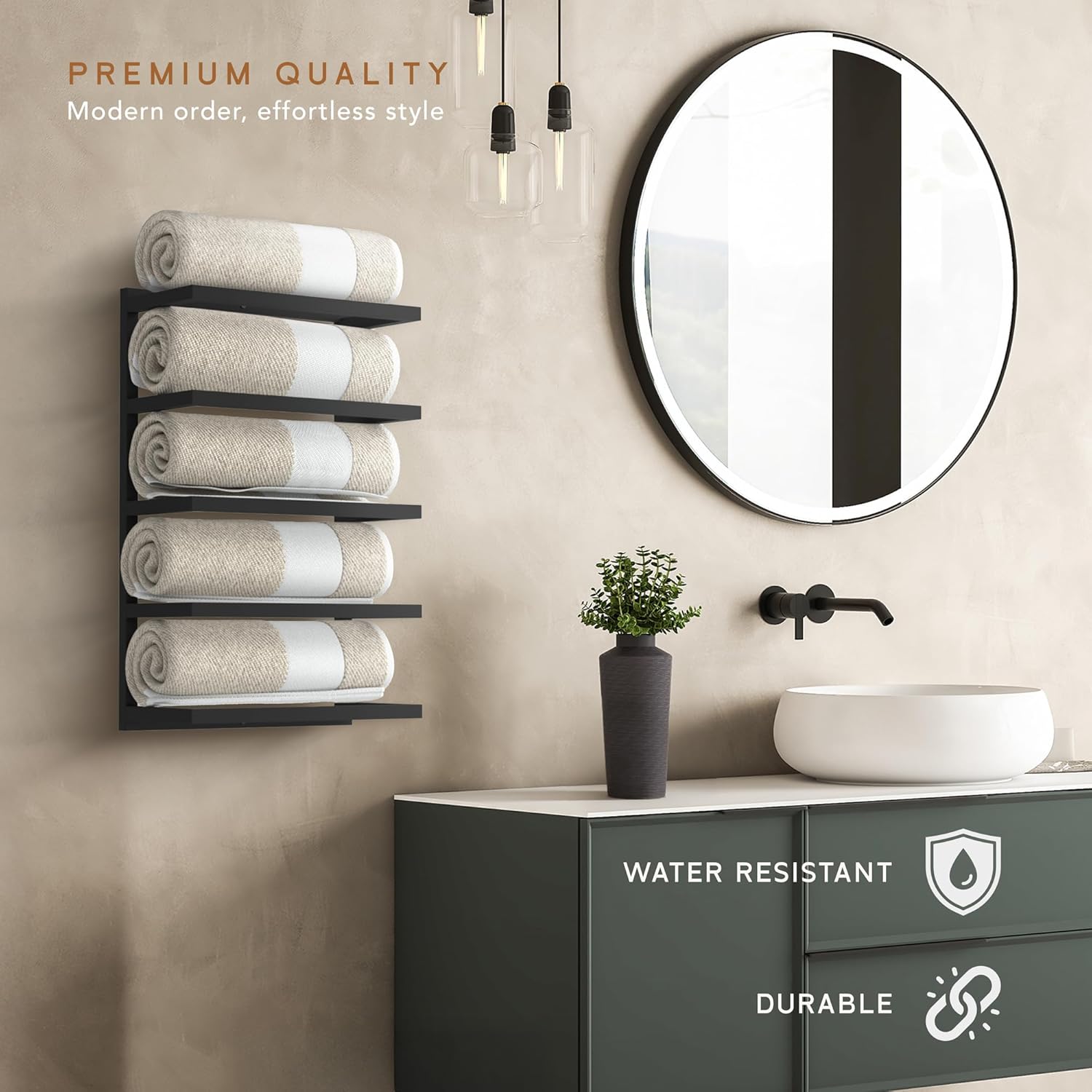 Modern 5-Tier/6-Tier Towel Rack - Wall-Mounted Black Metal Towel Shelf for Bathroom, Space-Saving Storage for Towels, Organizers, and Home Decor (5-Tier)