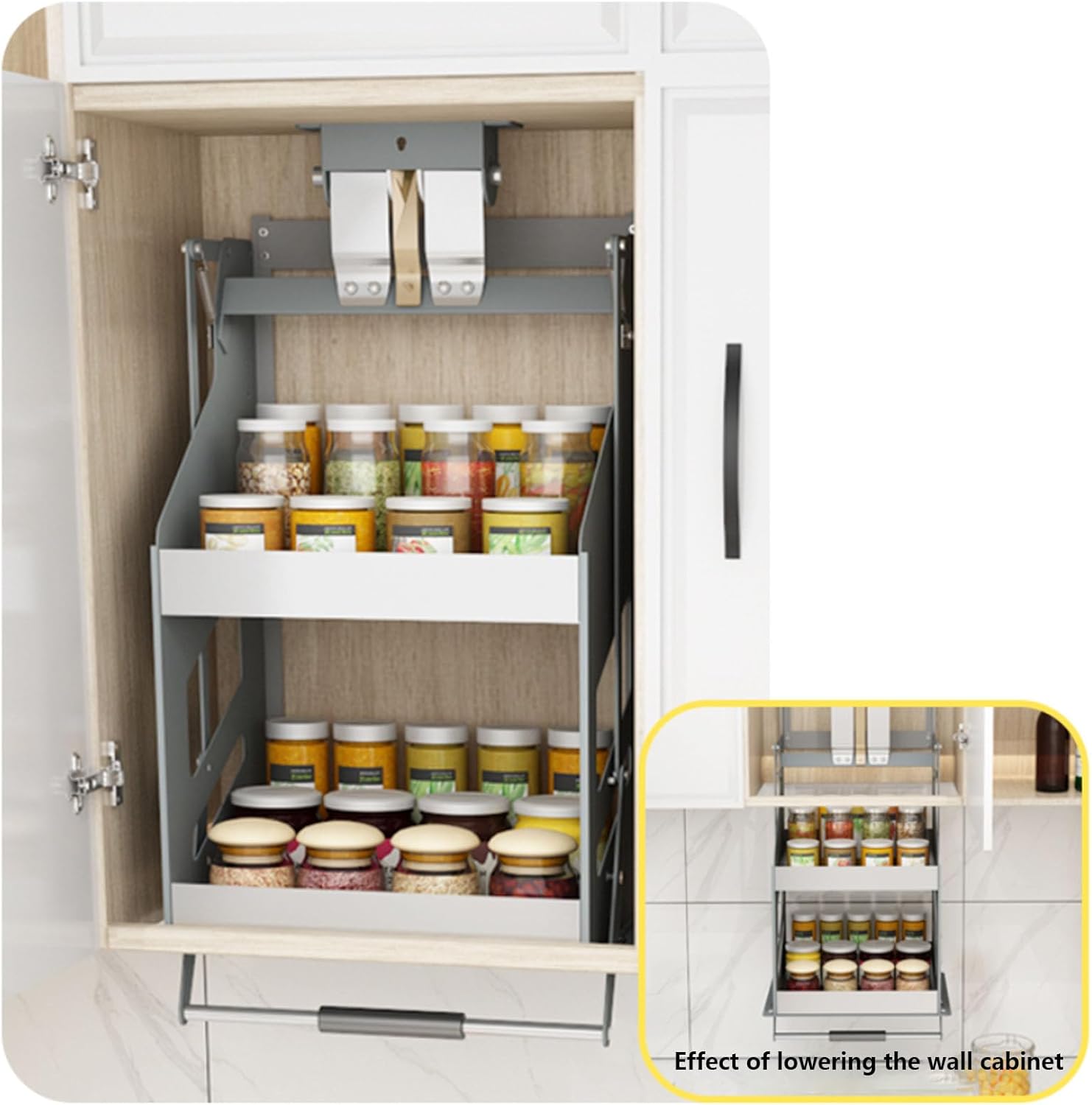 Drop Down Kitchen Spice Rack Double-Tier Double-Tier Pull Down Cabinet Organizer 304 Stainless Steel Construction 52/62cm Height Space-Saving Design Suitable for Kitchens 540x280x520mm/21.2x11x20.5in