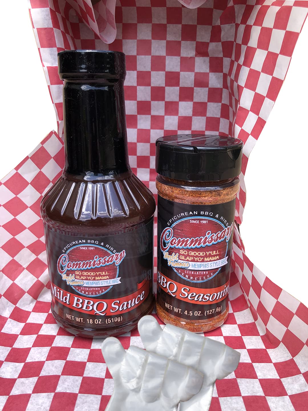 Bundle Memphis Commissary Mild BBQ Sauce, Commissary BBQ Seasoning, Food Prep Gloves in White Gift Box