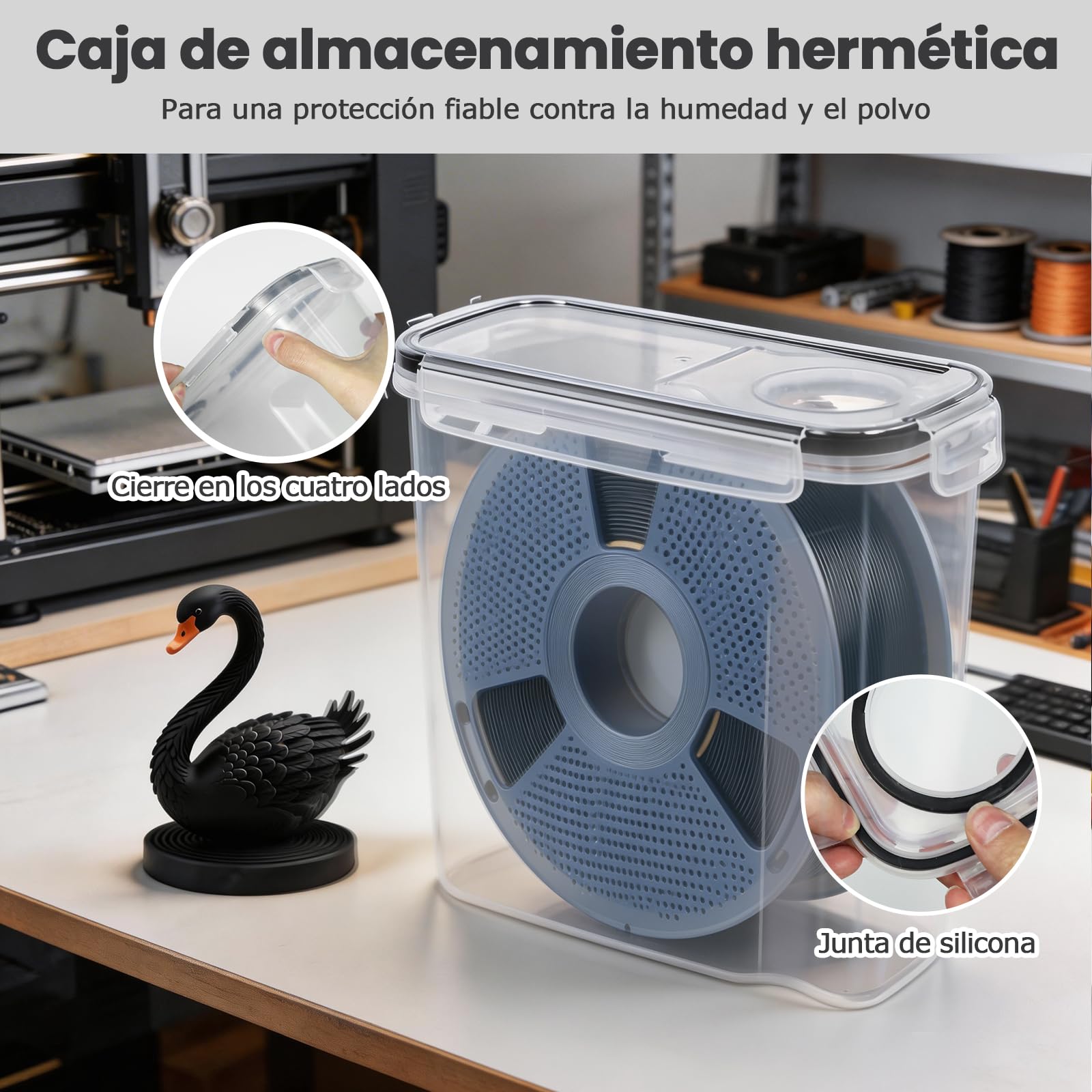 Caja de almacenamiento de filamentos, 6 unidades, caja de filamentos para impresión 3D, sellado y protección, resistente al agua y al polvo, con desecante y etiquetas, 4,0 L