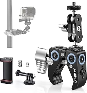 Camera Mount, UTEBIT Super Clamp Tripod Mount with 360° Double Ball Head Magic Arm Adapter, 1/4" & 3/8" Thread, Action Camera Adapter, Phone Mount, Compatible with GoPro/Monitor/Camera/Flash Light