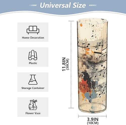 Miniatura 2 de Florero cilíndrico, notas musicales, retro, de plástico, pequeño, delgado, de 3.9 pulgadas, para decoración del hogar, sala de estar, oficina y