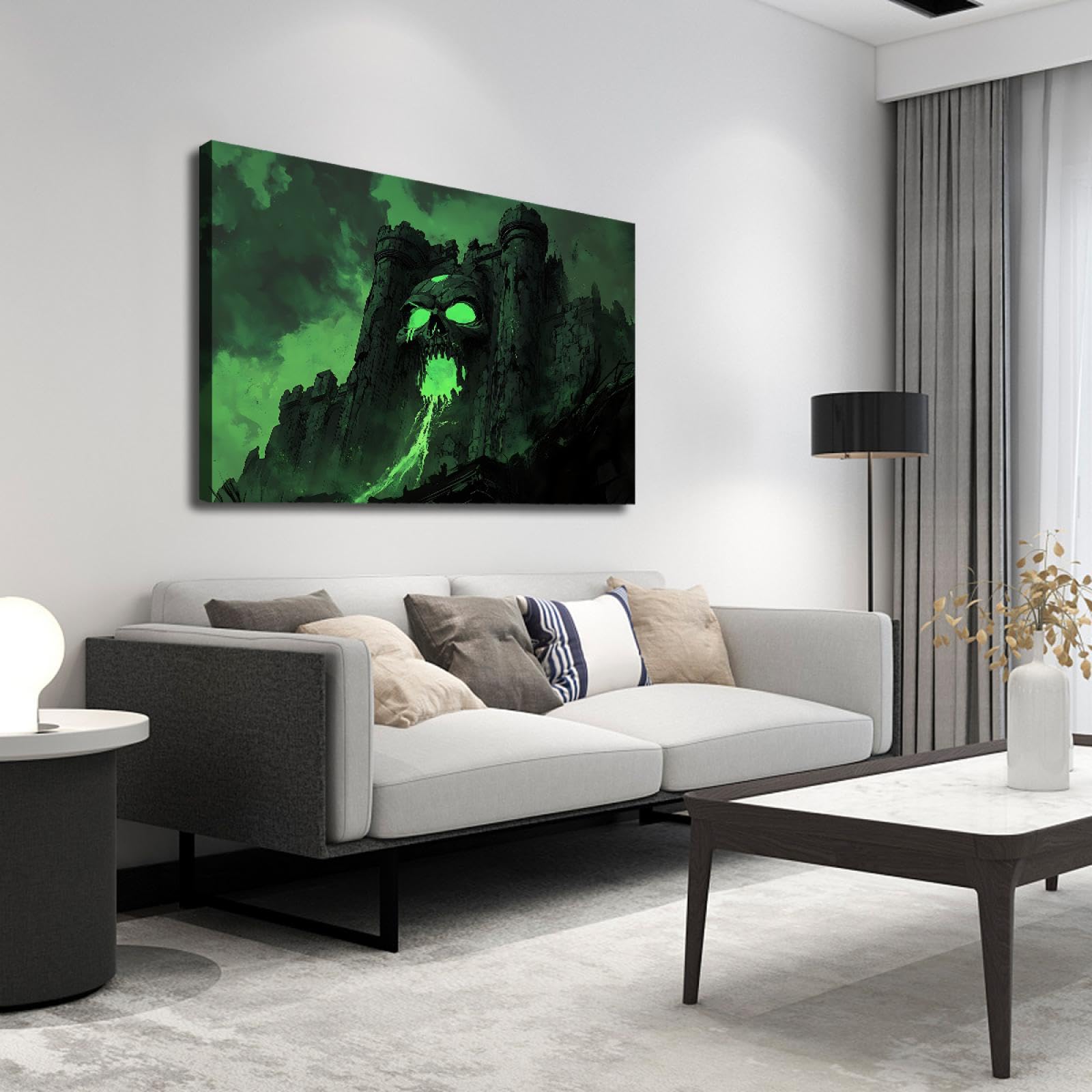 TOANGWALL Fantasy Neuheit Halloween Druck auf Leinwand Wandkunst Surreal Grün Spuk Haus Schädel Schloss Poster Bild Malerei für Bar Dekor 70x100cm Innenrahmen