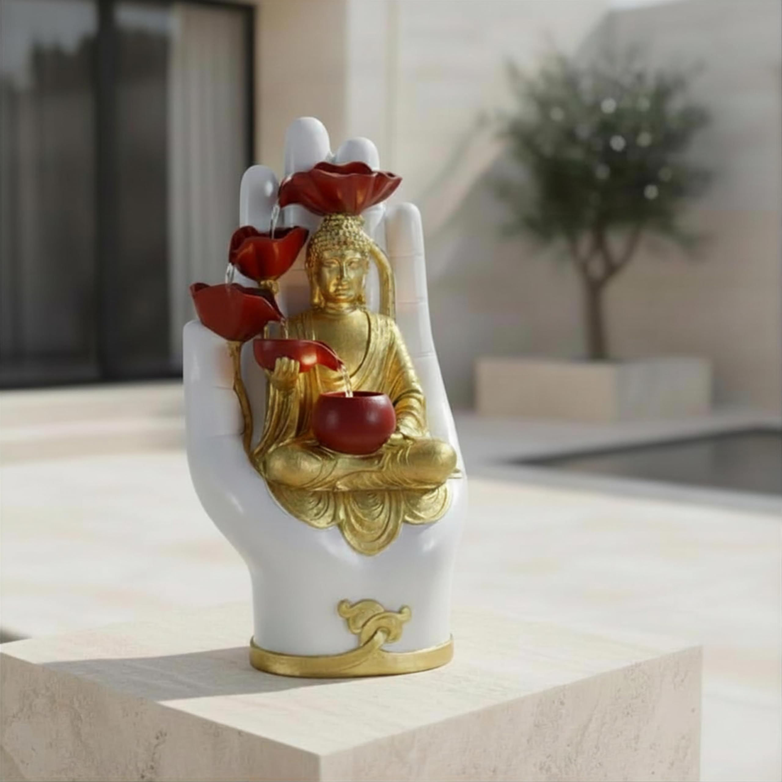 Statue de Bouddha Fontaine Solaire 58cm, Recharge USB ou Panneau Solaire câble 5m & télécommande, Décoration Jardin Fontaine Zen LED, Bouddha Decoration Intérieur & Extérieur