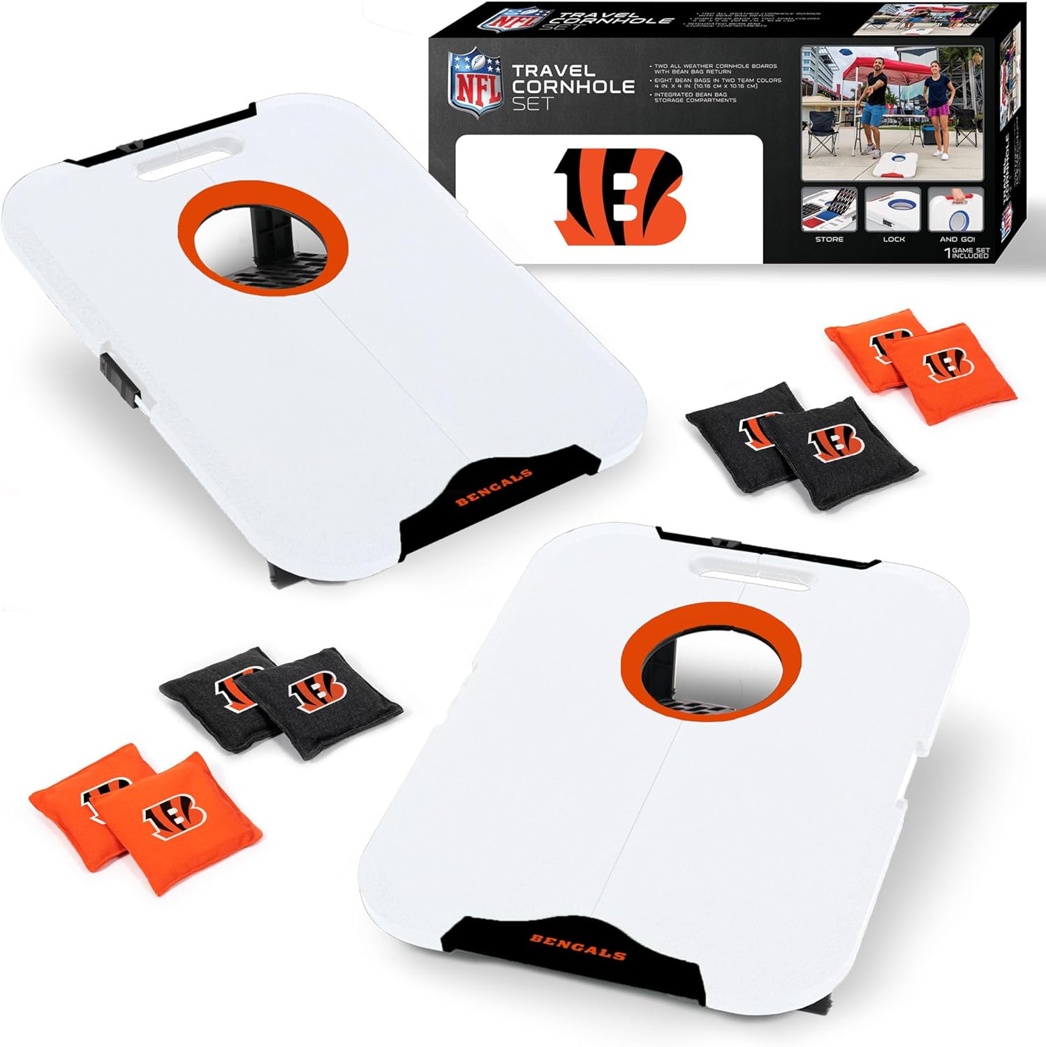 Wild Sports NFL Cincinnati Bengals Pro Football All-Weather Cornhole Set - Travel Bean Bag Toss Set Includes 8 Bean Bags