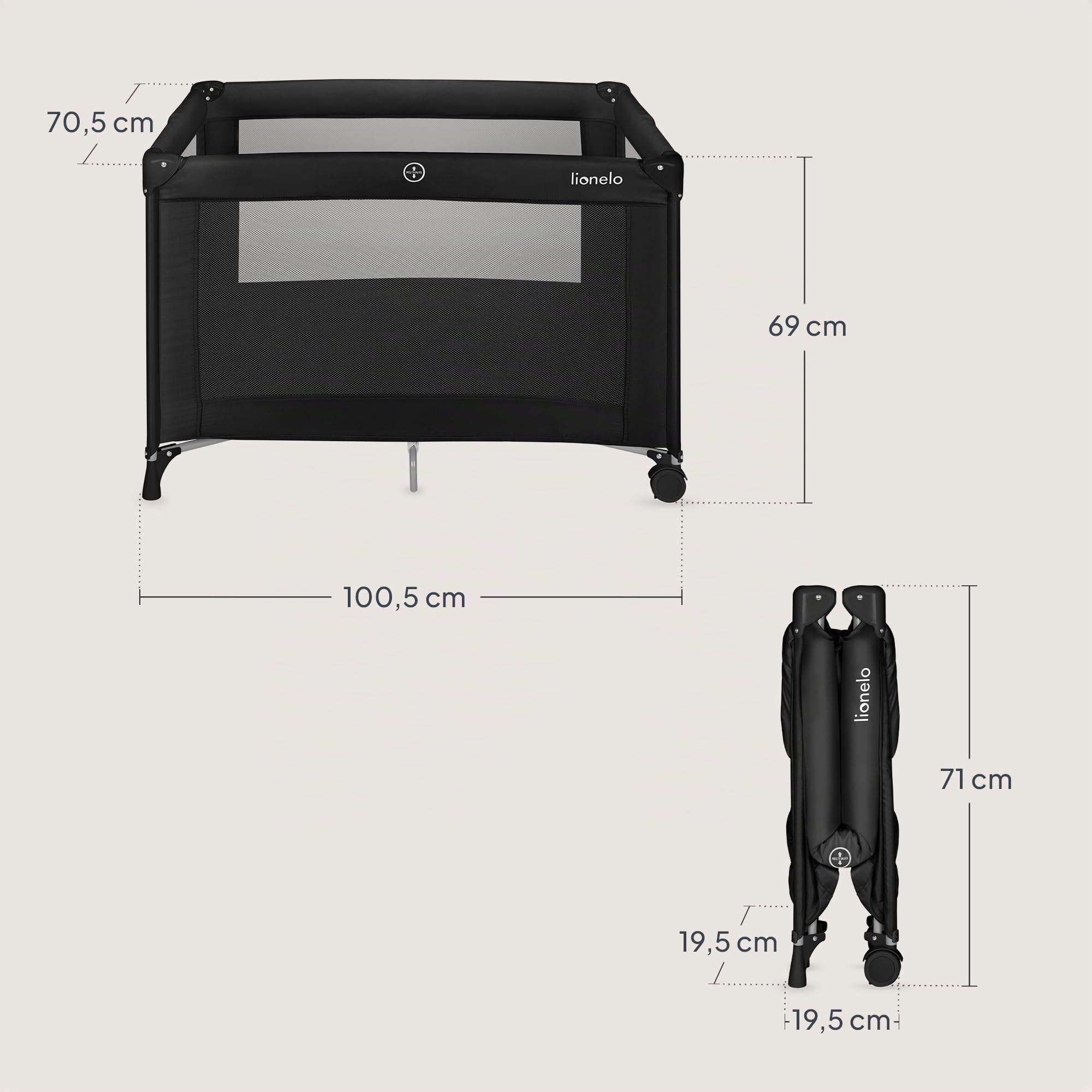 Lionelo Lit de Voyage pour Bébé Amelie de la Naissance à 15 kg, Petit, Pliable, Matelas Pliable Moelleux, 100,5x70,5 cm, 2 Roues, Entrée Latérale, Sac de Transport (Black) | Matelas pliable souple, 100,5 x 70,5 cm, 2 roues, entrée latérale, sac de voyage