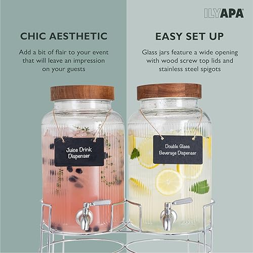 Miniatura 6 de Ilyapa Dispensadores de bebidas de vidrio para fiestas con soporte, paquete de 2, 1.5 galones para agua helada, limonada, jugo, sangría y torre de