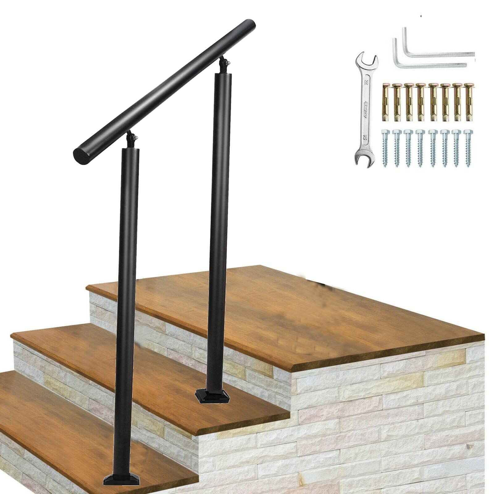 Classic Traditional Handrails for Indoor and Outdoor Steps,Wrought Iron Outdoor Stair Railing Fits for 1 or 2 Step,Adjustable Angle Metal Stair Handrail (2 Steps)