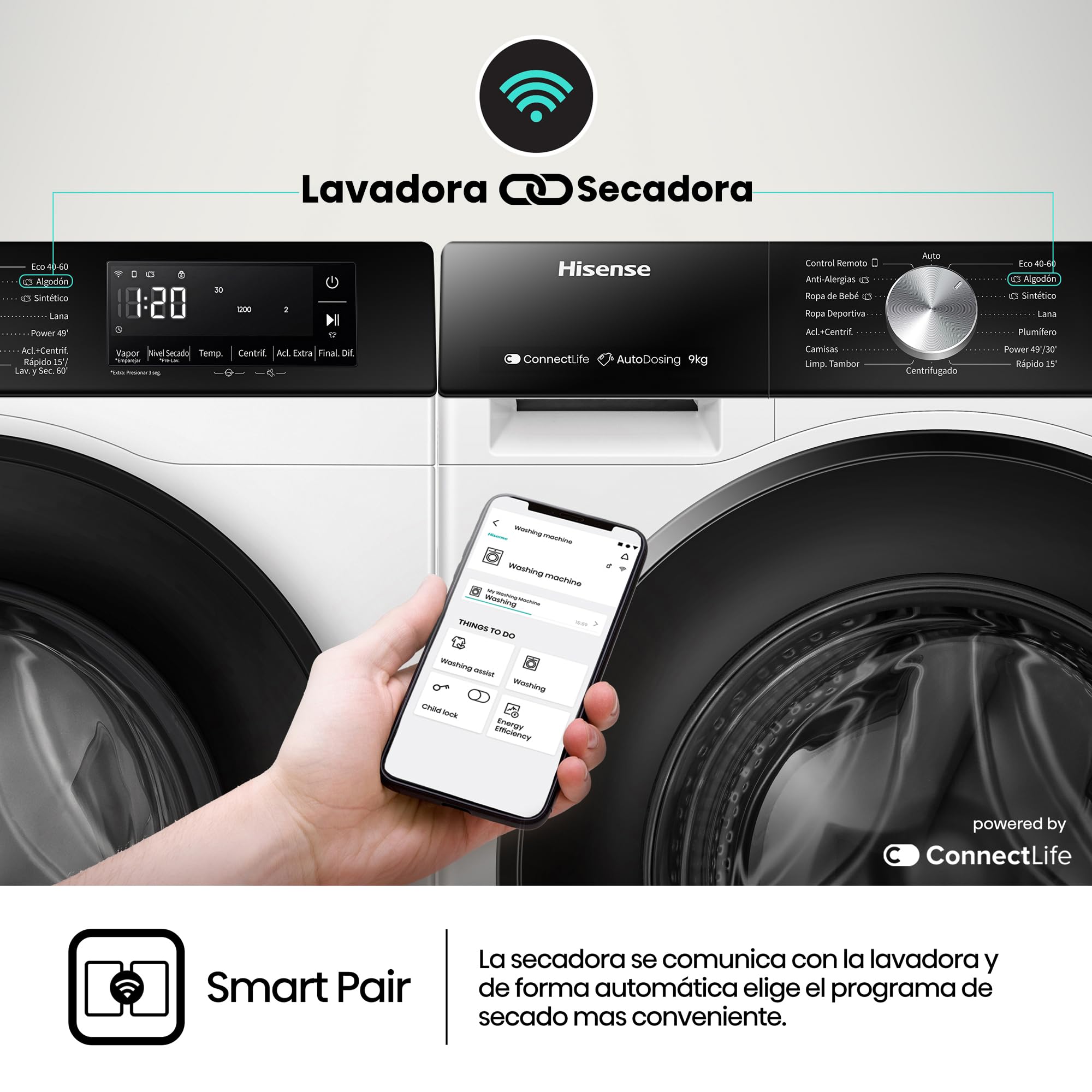 Hisense WF3S9045BW3 - Lavadora con Vapor, Clase A, 9kg, Auto Dosificación, Conectividad WiFi, Función Vapor 99,9%, Lavado Auto Wash, Lavado Rápido 15', PureJet, Blanco