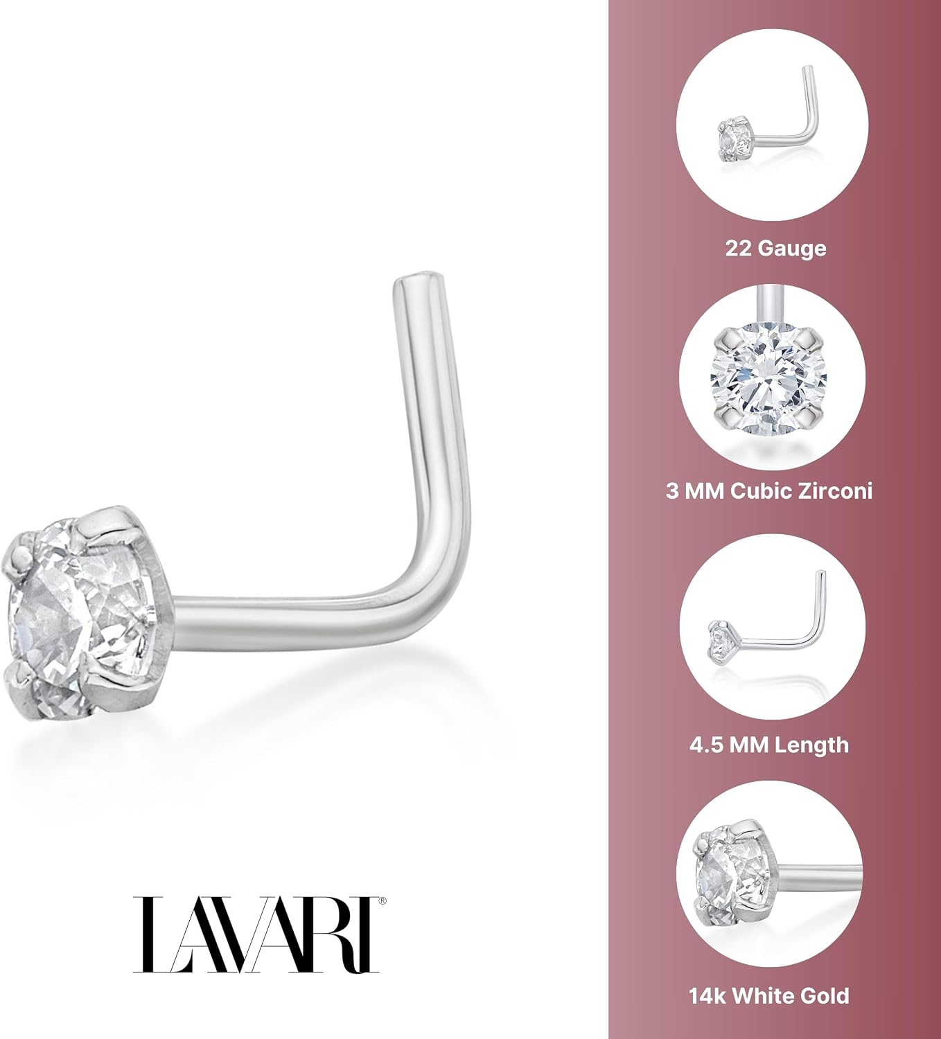 Lavari Jewelers 22 Gauge L-Shape Nose Stud for Women or Men - 14k White or Yellow Gold 3 mm Cubic Zirconia Nose Ring for Her - CZ Unisex Hypoallergenic Nostril Piercing Jewelry - 22G Body Piercing