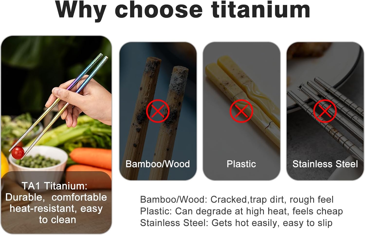 Boundless Voyage Titanium Chopsticks 8-Pairs Colorful Lightweight Anti-Slip Rice Noodles, Meatballs & Tofu for Camping, Hiking & Home Use