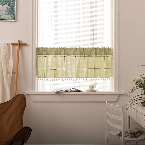 Miniatura 114 de Deeprove Cenefa Bohemia Blanca con Borlas para Decoración de Cocina y Cafetería, Cortinas Cortas de Algodón y Lino Crema Estilo Bohemio Rústico,