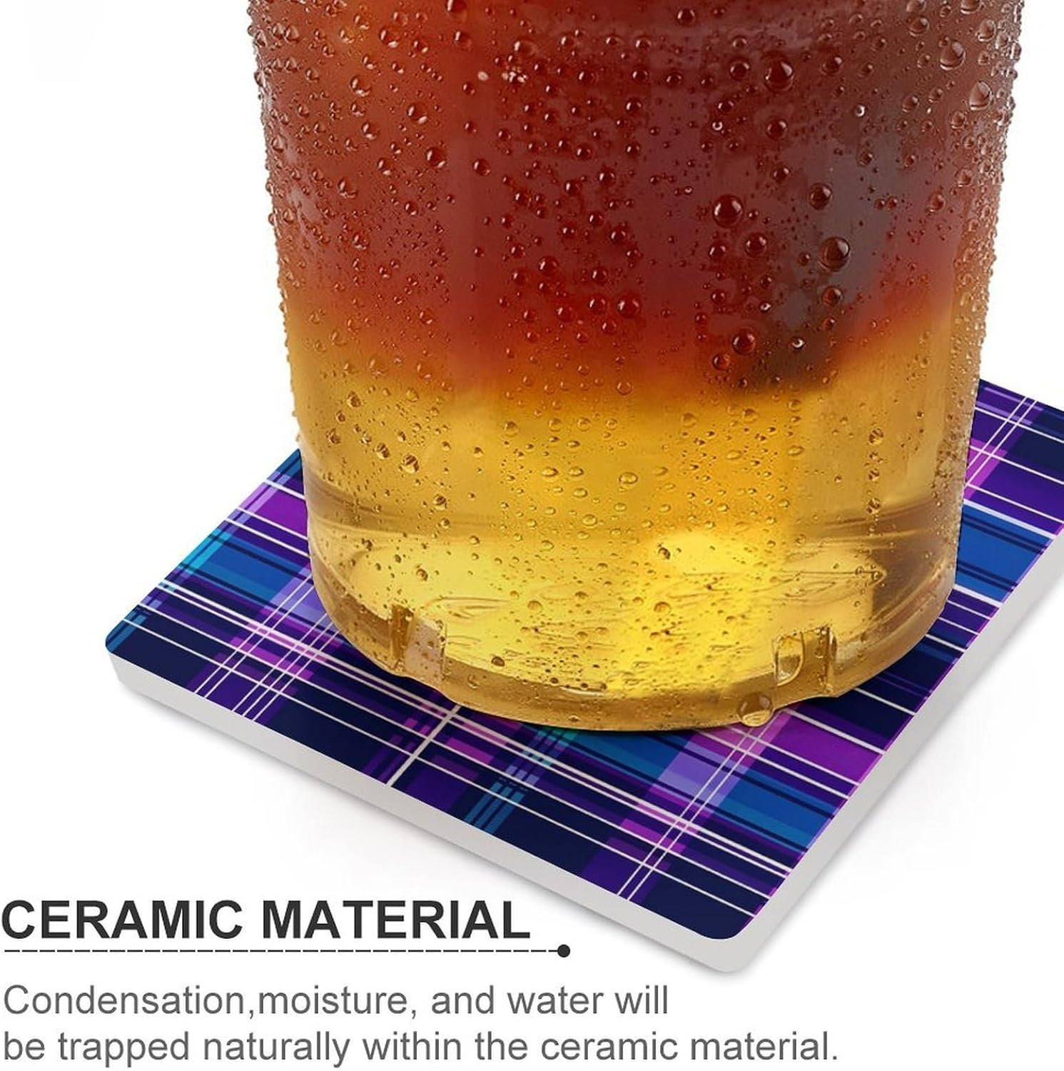 Blue Purple Plaid Print Coasters for Drinks Square Table Coasters Set Cup Mats with Cork Base