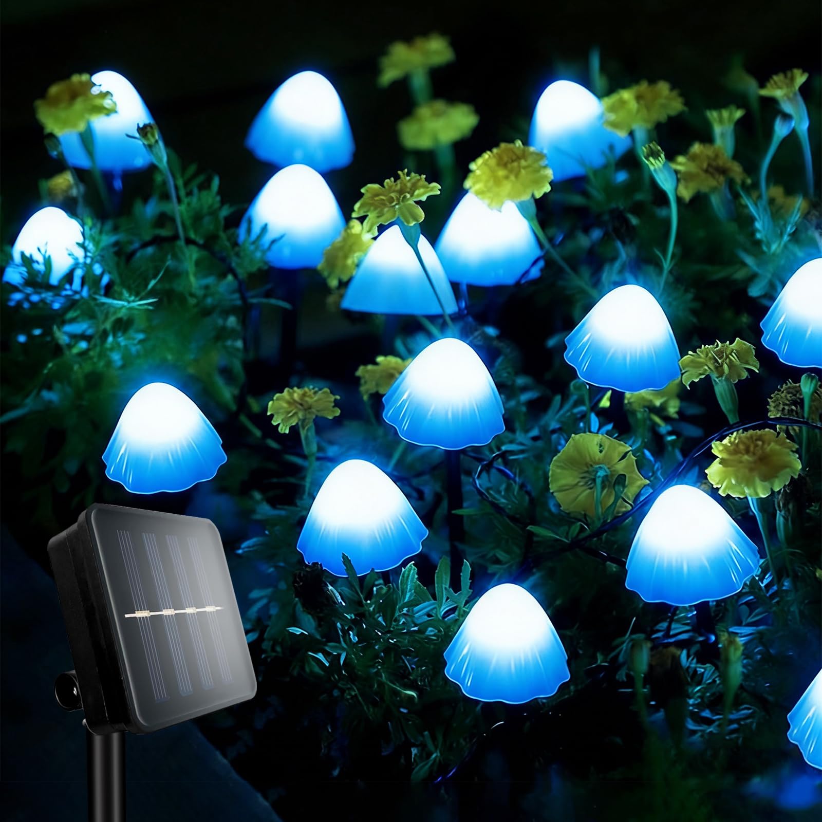 TOTHDATE Mini Mushroom Stake Solar Lights Blue Light, 5M 20LEDS Mushroom Solar Pathway Lighting 8 Lighting Modes IP44 Waterproof for Outdoor Garden Yard Lawns โ image 1