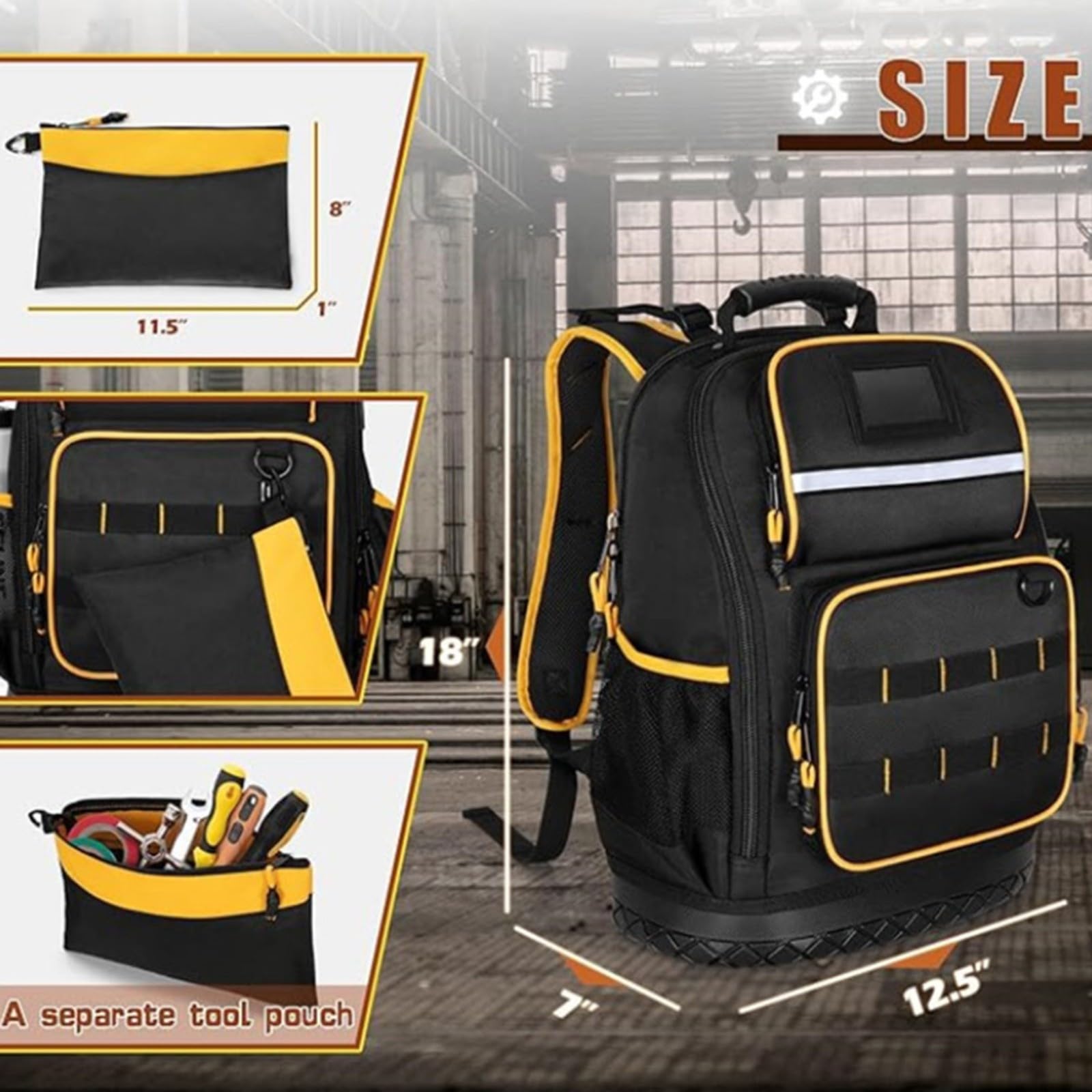 Mochila de herramientas profesional, tela Oxford resistente con parte inferior dura, múltiples bolsillos, funda para laptop para almacenamiento en el lugar de trabajo