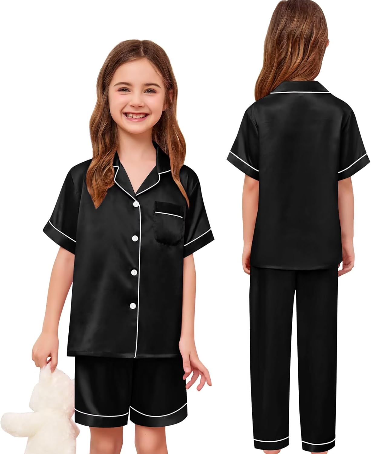 SWOMOG Kids Silk Pajamas 3 Piece Girls Boys Satin Pajamas Set Button-Down PJs Set Soft Loungewear Short Sleeve Sleepwear - Image 5