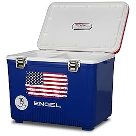 Engel UC19-RWB 19 Quart Fishing Live Bait Dry Box Ice Cooler with Stain/Odor-Resistant Surface and Shoulder Strap, USE Red, White and Blue with American Flag