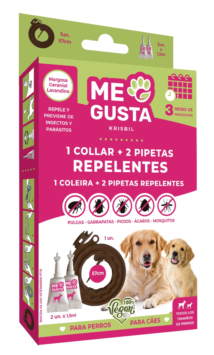 ME GUSTA Pack de Collar y Pipetas Repelentes para Perros | Incluye 1 Collar y 2 pipetas | Repele Todo Tipo de Insectos