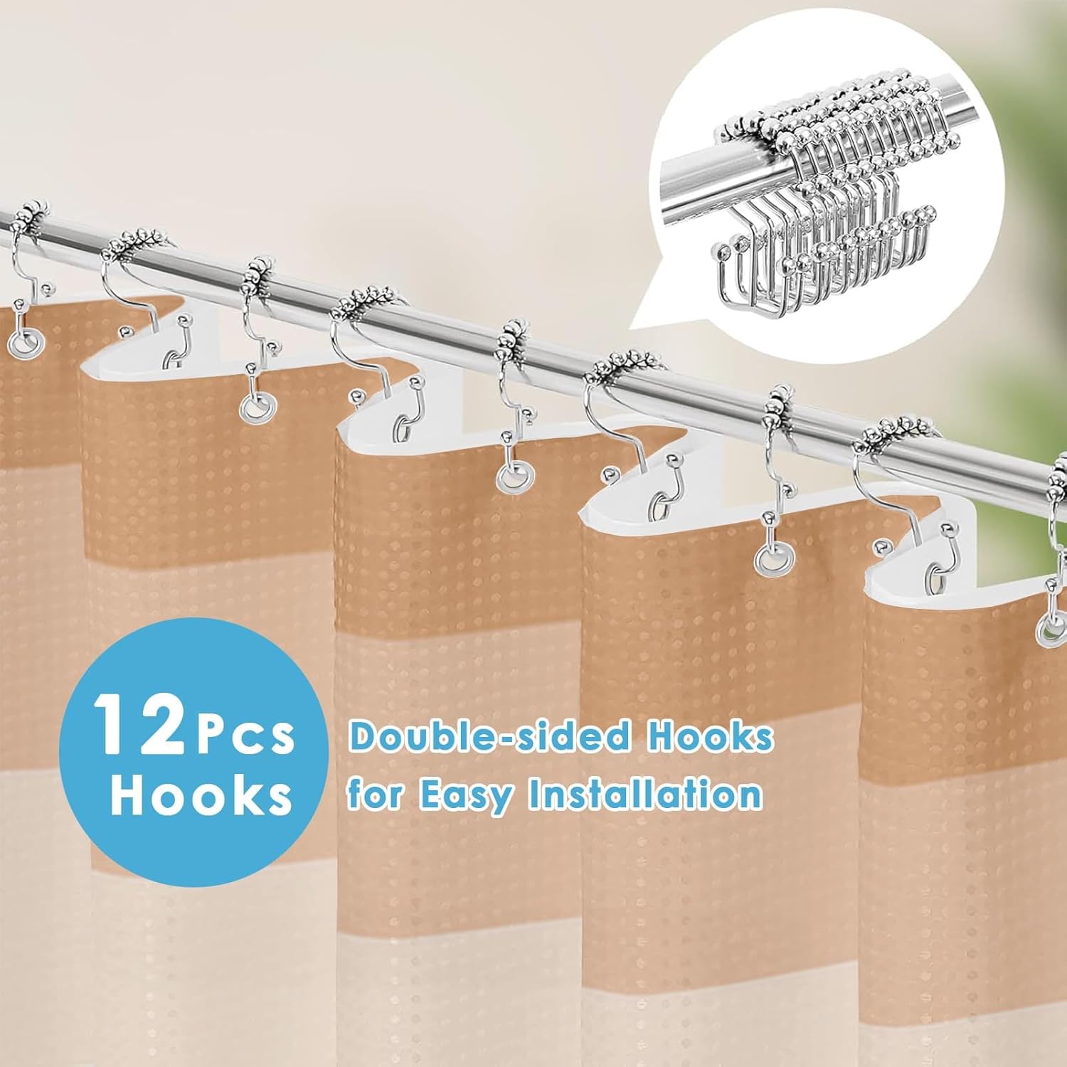 Shower Curtain and Liner, Ombre Beige Striped 3 in 1 Shower Curtain and PEVA Liner Set with 12 Rust-Resistant Metal Hooks, Waterproof Fabric Shower Curtains for Bathroom, 72 W x 72 H Ombre Beige 72"W x 72"L (Pack of 1)