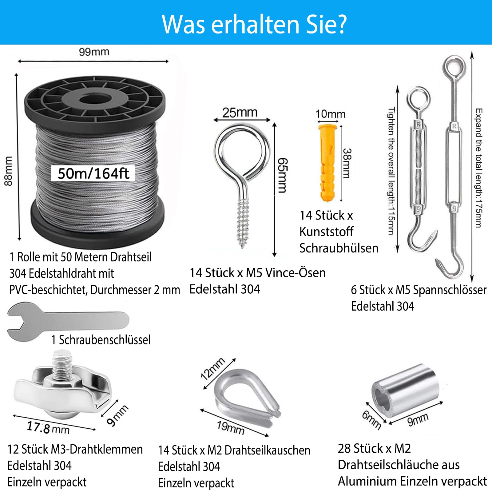 AMLOOPH 50m Edelstahl Drahtseil 2mm Rankhilfe Set für Garten mit M5 Seilspanner & Drahtseilklemmen – Gardinenseil, Stahlseil mit Ösen, Spanndraht für Rankgitter, Hängelampe, Seilspanngarnitur Außen