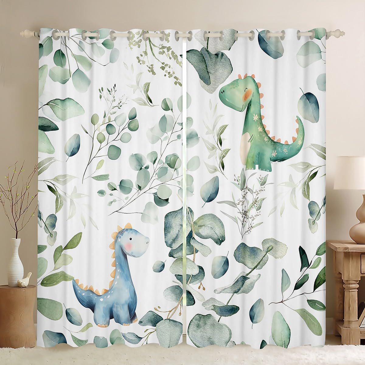 Kawaii Dinosaur Blackout Curtains for Boys Girls Cartoon Animal Dino Curtains, Eucalyptus Leaves Curtains & Drapes Jungle Wildlife Living Room Curtains, Tropical Botanical Plants Window Curtains