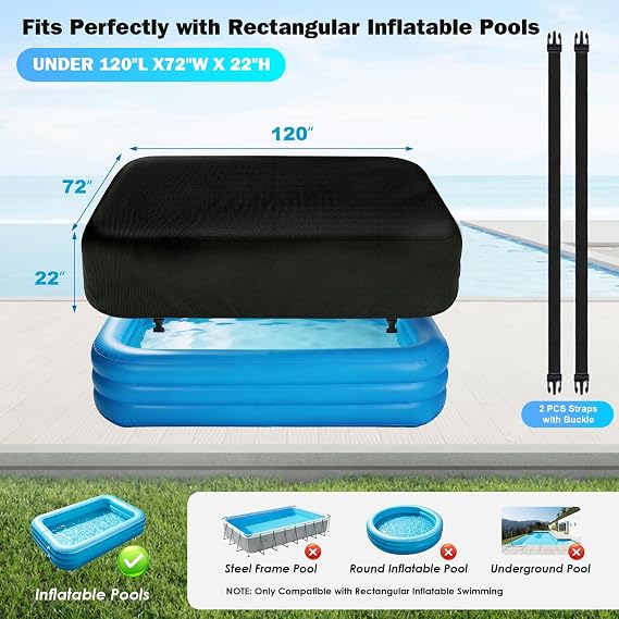 KJX Rectangle Inflatable Pool Cover Fits 120 L x 72 W Blow Up Pool Cover