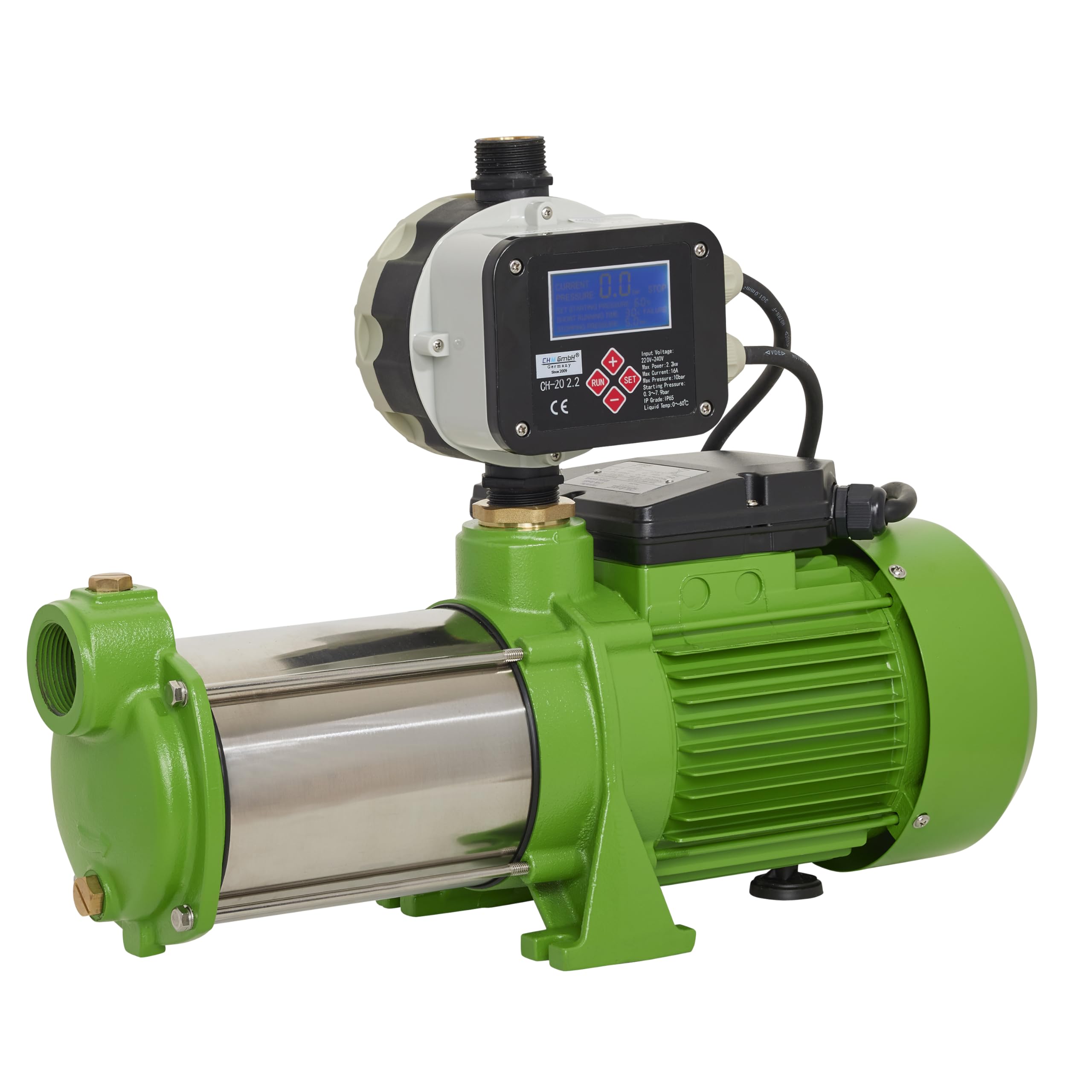 Kreiselpumpe Edelstahl 1,1 KW 5,5 Bar Druck 8000 L/h + vollaut. einstellbare Pumpensteuerung mit Trockenlaufschutz, Gartenpumpe