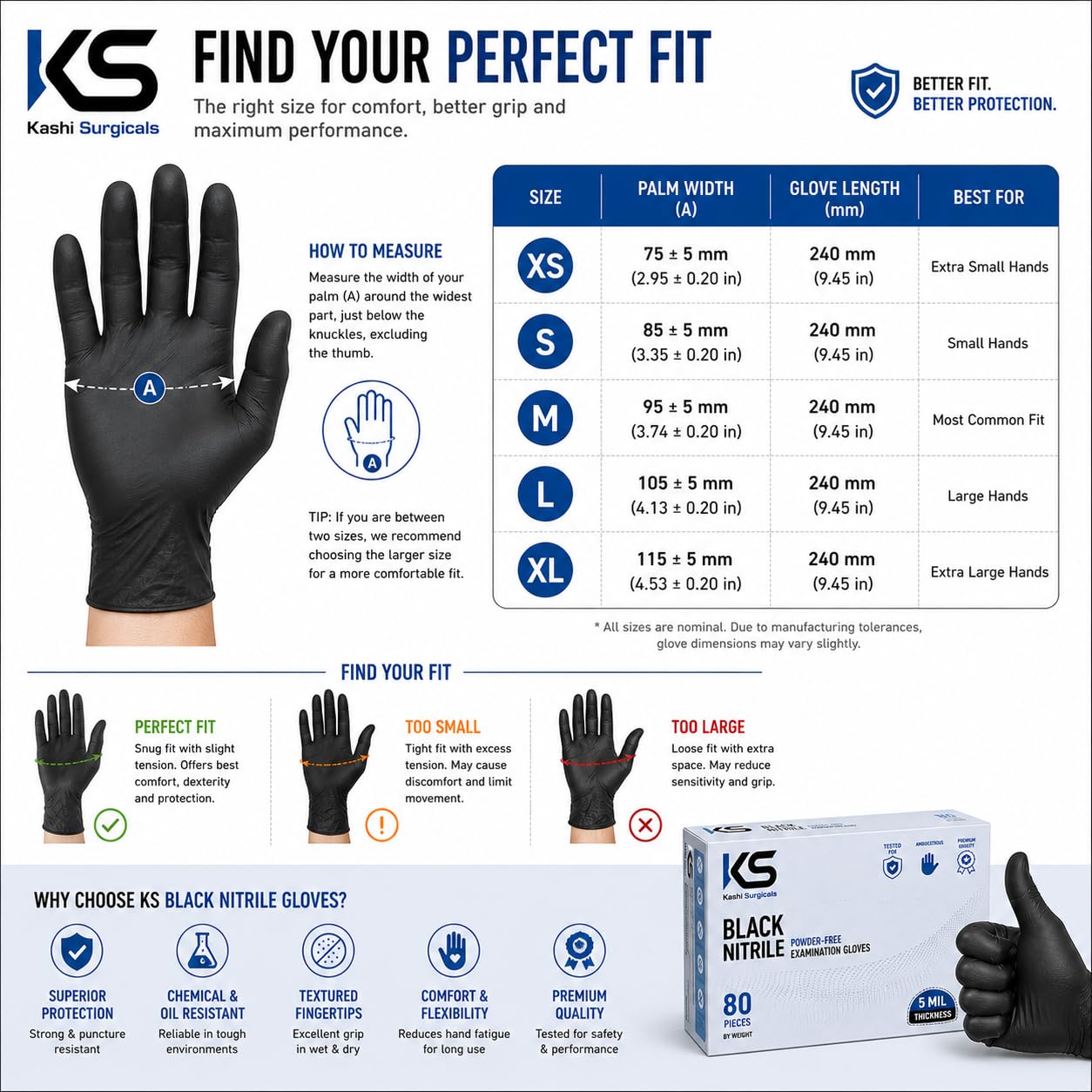 Kashi Surgicals Powder Free Nitrile Gloves, Food Grade, Made In