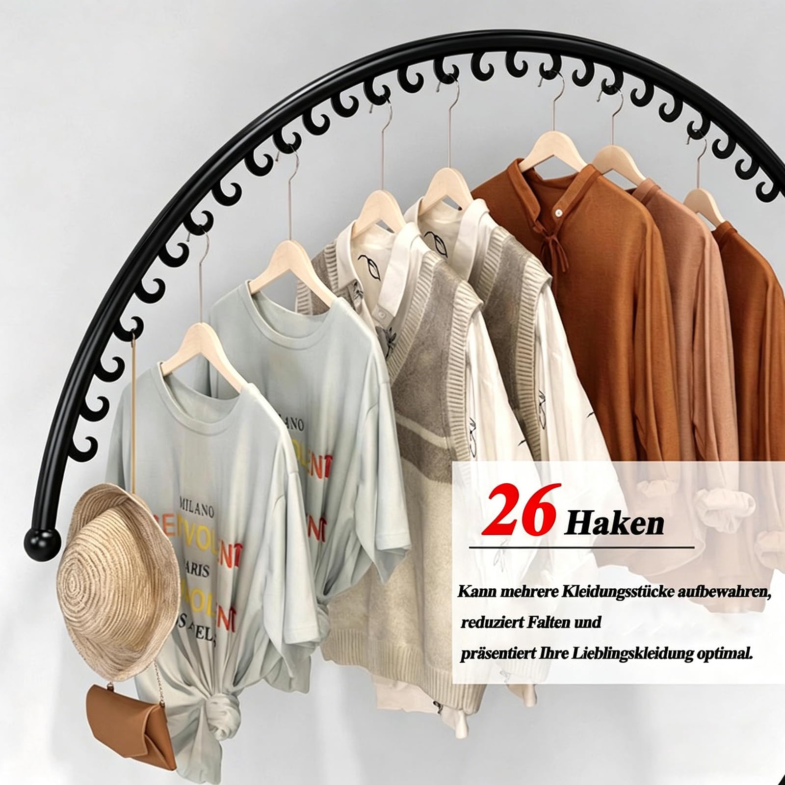 Porte-manteau en forme de C – Porte-vêtements commercial avec 26 anneaux – Gain de place, solide, charge 60 kg – Pour chambre, couloir, boutique (noir, 160x150cm)