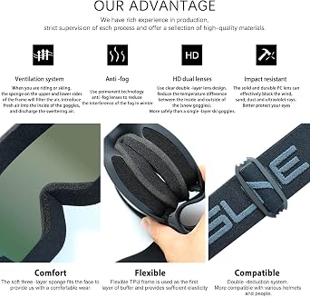 SPOSUNE Ski & Snow Goggles - Windproof, Anti-Fog, UV Protection for Men & Women | Dirt Bike, Motorcycle, ATV, Off-Road, OTG