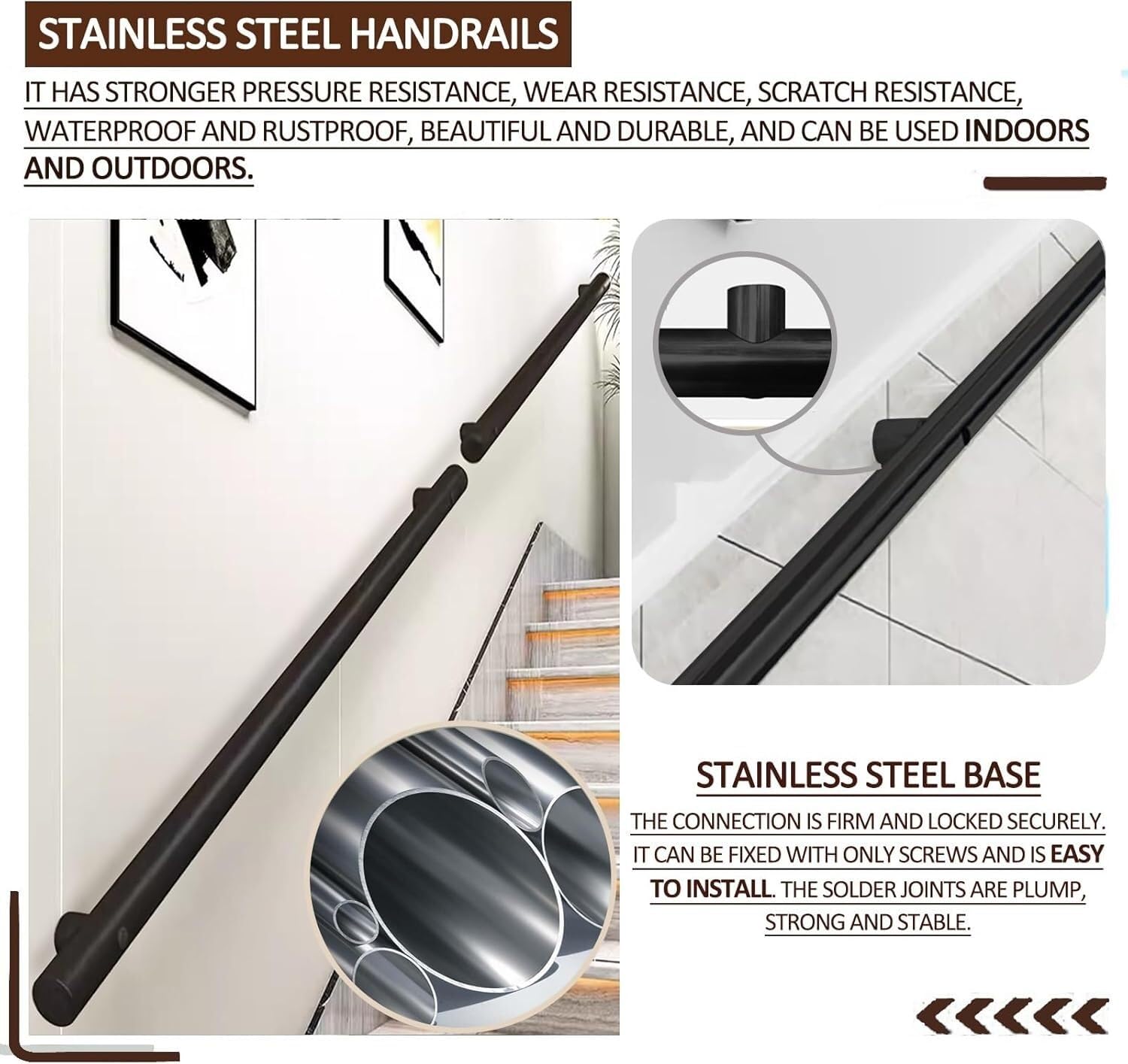 X&Z-XAOY Treppenhandlauf 3.3FT-15FT Wandmontierte Fußschienenstütze Stahlrohr-Treppengeländer Handläufe 1m 1.5m 2m 2.5m Treppengeländer(480cm)