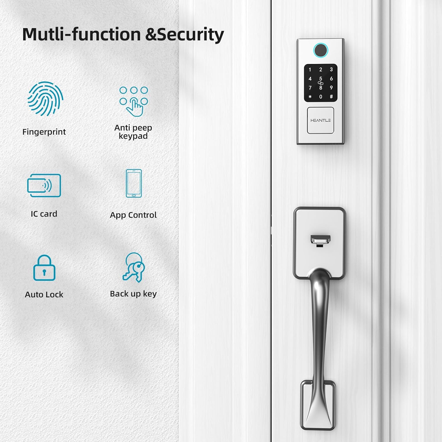 Smart Lock Front Door, HEANTLE Front Door Lock Set Keyless Entry Fingerprint Smart Deadbolt Bluetooth Electronic Digital Keypad Alexa Silver