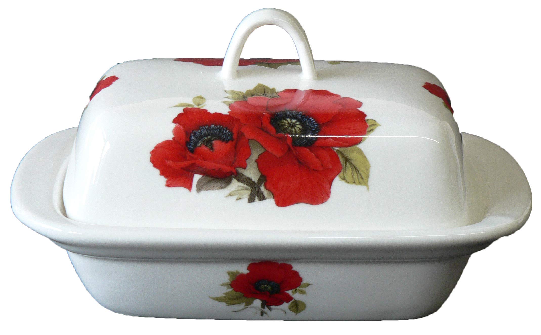 crackinchina Poppy butter dish - Colourful poppies on white porcelain butter dish decorated on lid and sides