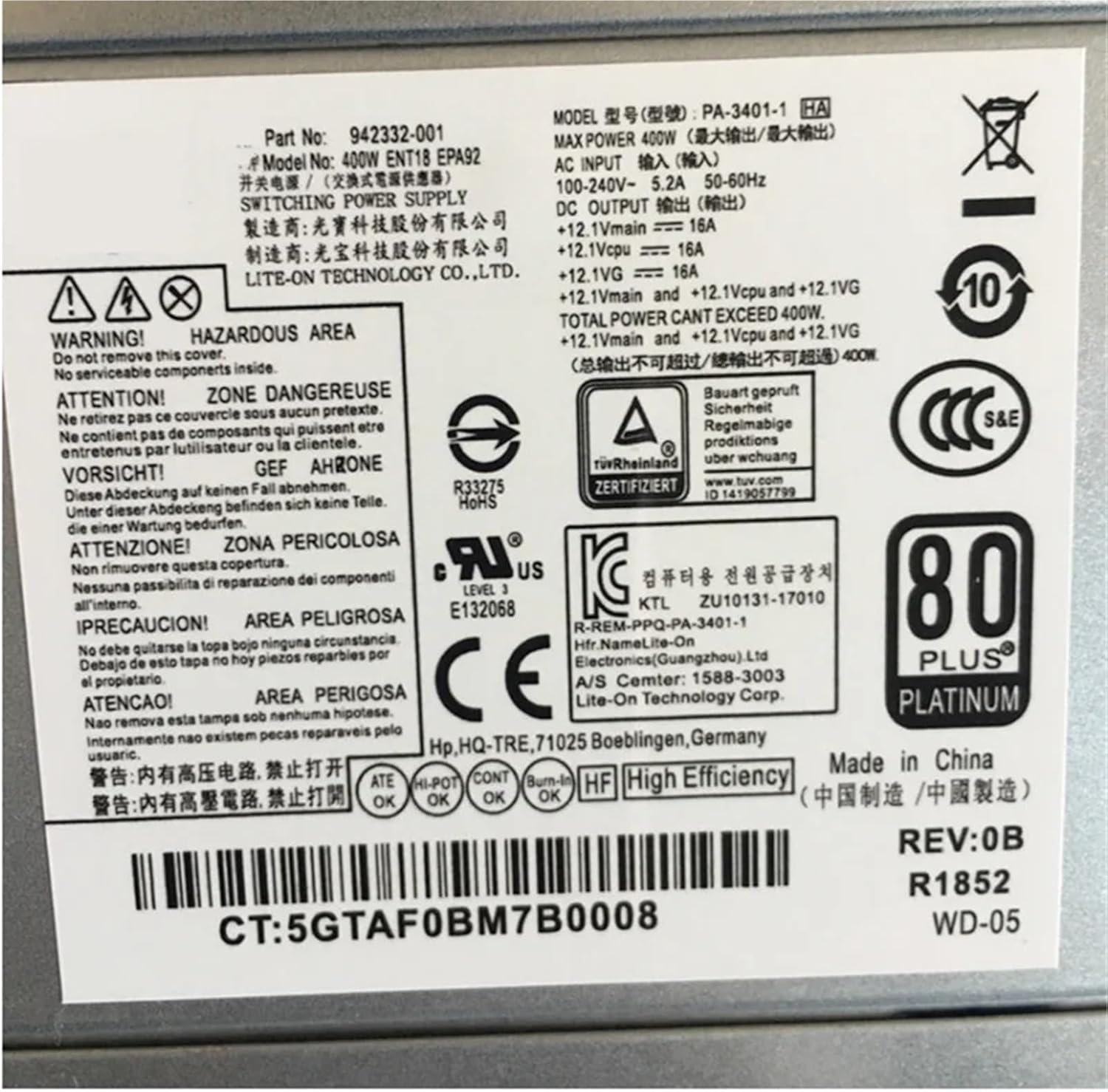 Power Supply for 280 288 G3 PSU DPS-310AB-3 A 937516-004 PCG007 901772-004 PA-3401-1 PCG007 901772-003 901772-004
