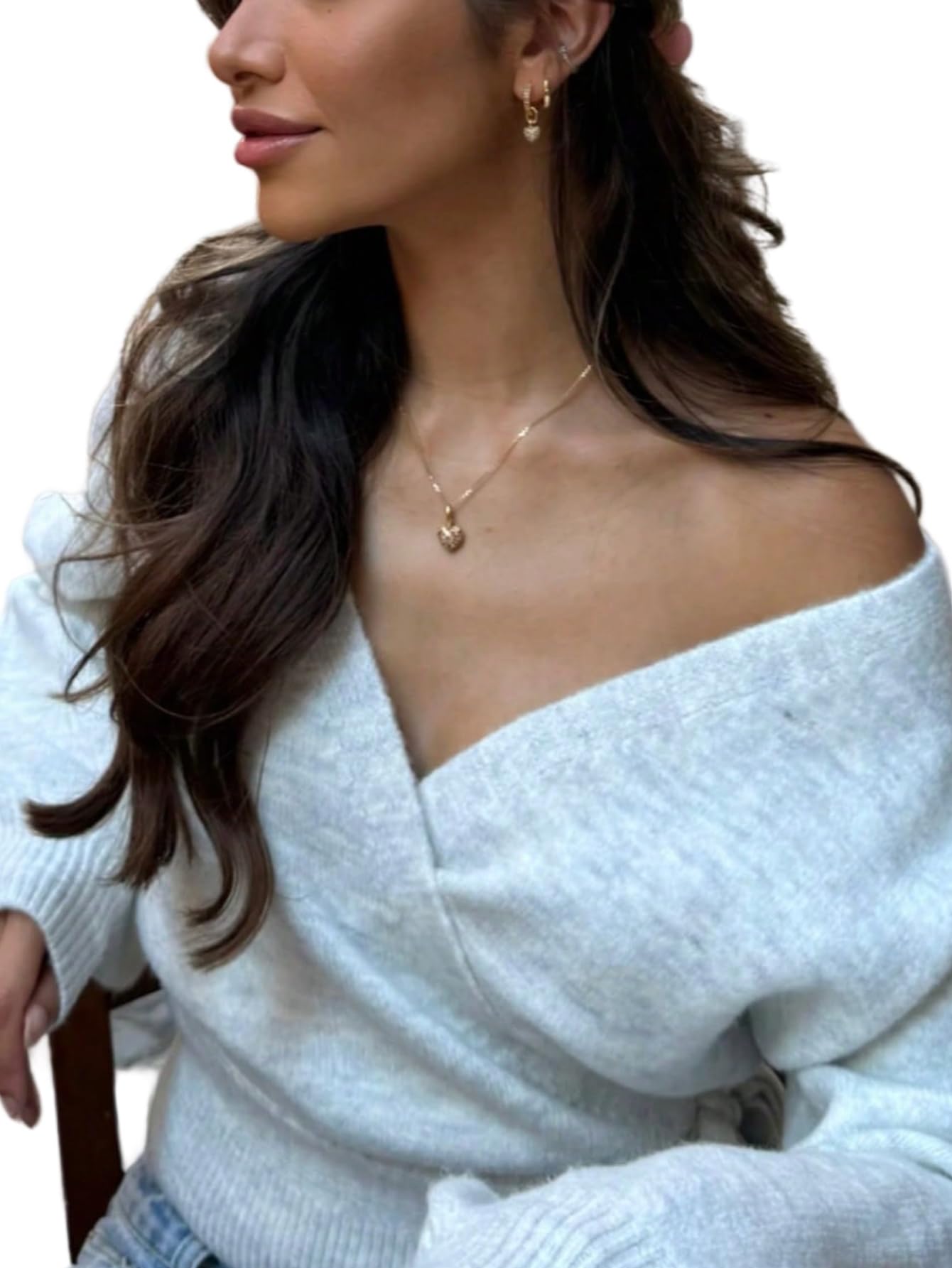 GORGLITTER Damen Pullover Elegant Wickelpullover mit Knoten Tiefer V Ausschitt Strickpullover Langarm Wintepullover Einfarbig Damenpullover