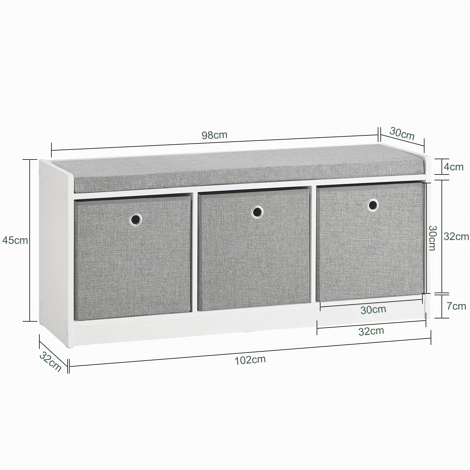 SoBuy Panca scarpiera Cassapanca da Interno Mobile Bagno con 3 cesti Bianco e grigio L102*P32*A45cm FSR65-DG
