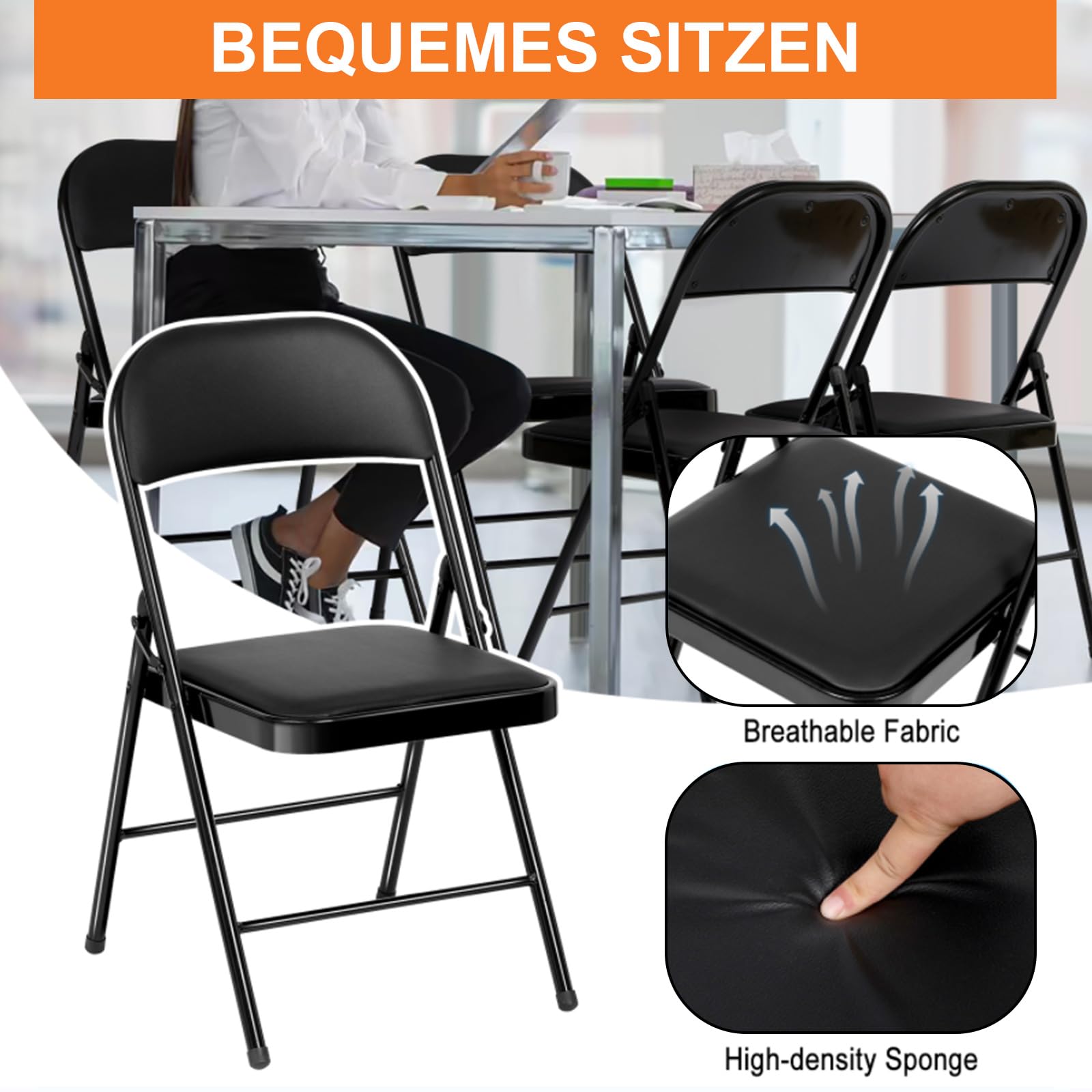 Set da 6 sedie pieghevoli da giardino, sedia pieghevole da interno in metallo, impermeabili sedie da esterno pieghevoli fino a 158 kg, sedia per sala da pranzo, cucina, campeggio, nero