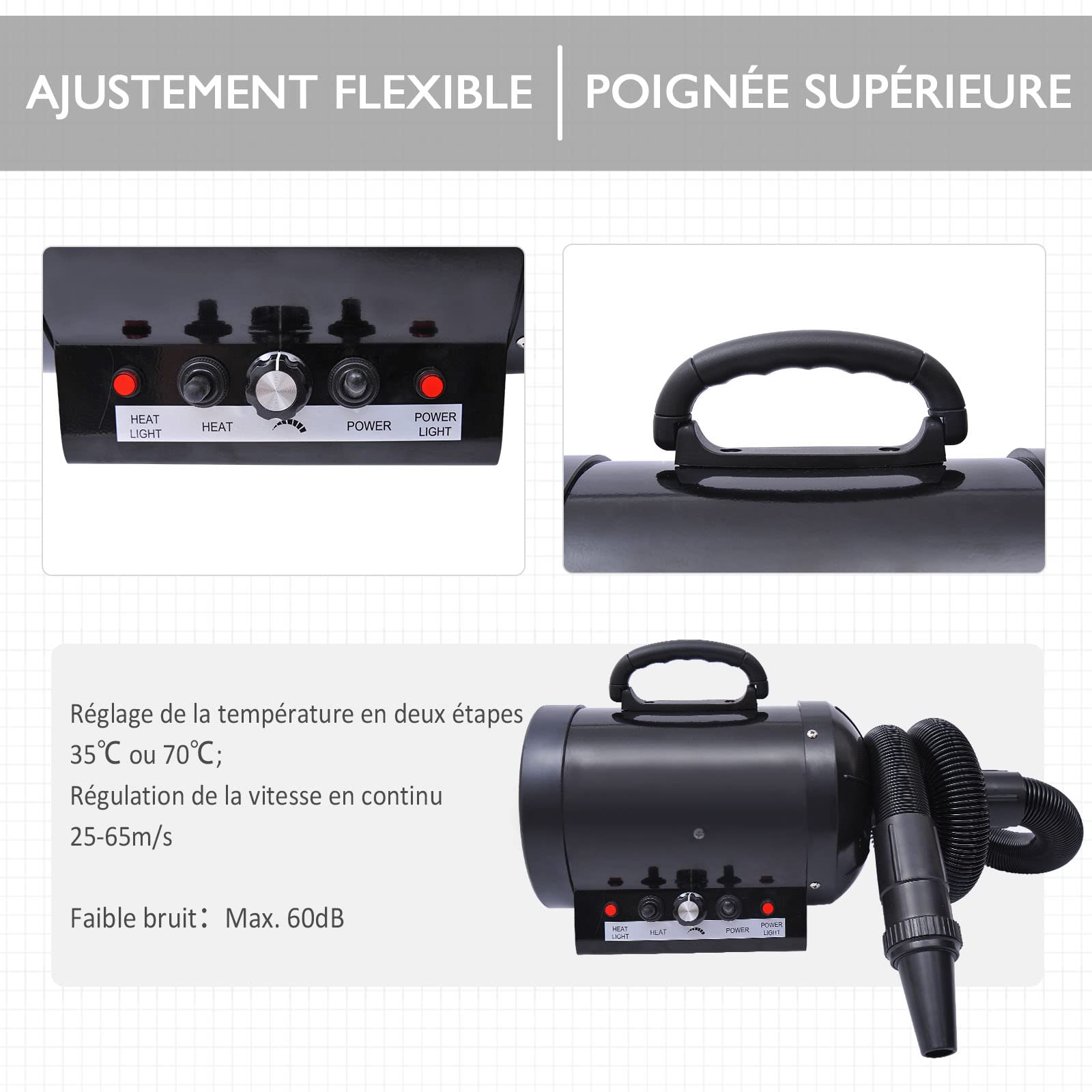 Secador de pelo profesional para perros o gatos, 2400 W Negro | Secador de pelo, secador de pelo, para animales, velocidad y temperatura, 3 boquillas intercambiables incluidas